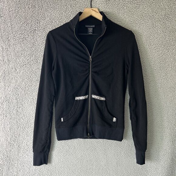 BOSTON PROPER Y2K Bling Hoodie Womens Small Black Fleur De Lis Rhinestone Jacket - Picture 2 of 11